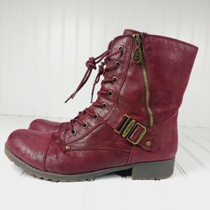 G by Guess Burgundy Leather Lace Up Combat Boots
